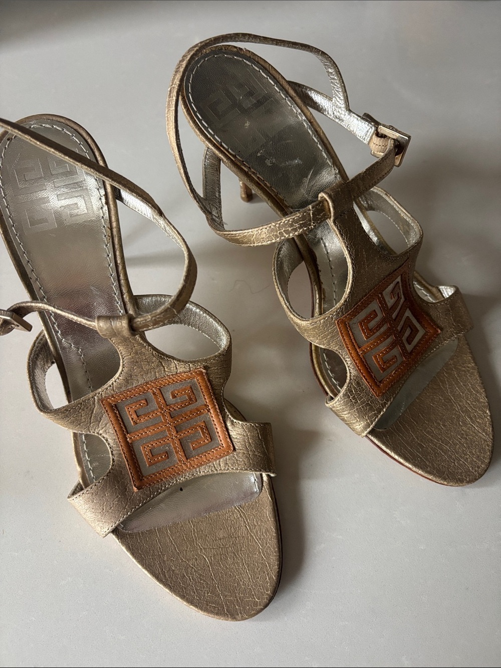 ❤️… Givenchy Metallic Gold Strappy Heels with Brown Logo Accent